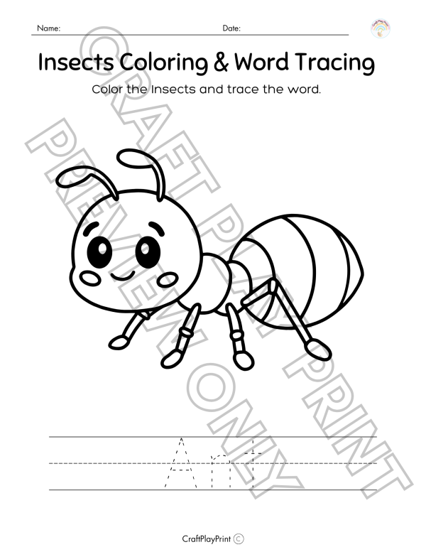 Insect Coloring & Word Tracing Printable Bundle – Educational Fun for Kids