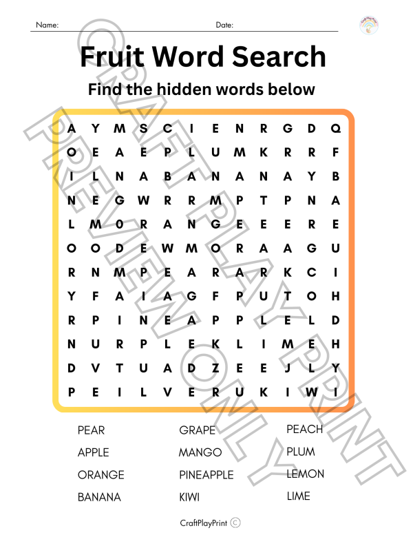 Fruit Word Search Puzzle – Fun & Educational Printable for Kids